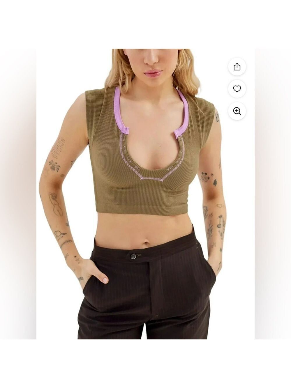 Out From Under Ribbed Deep V-Neck Cropped Baby Tee Women’s XL Olive Green